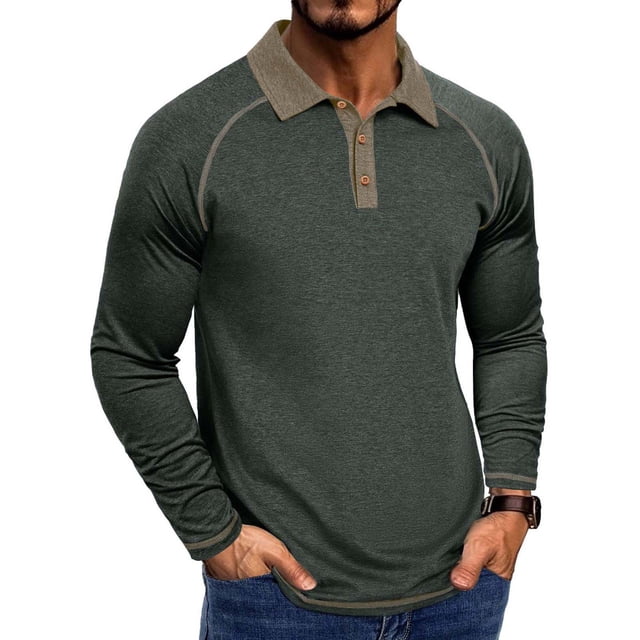 Blusa y camisa de manga larga con cuello vuelto para hombre, color liso, informal, a la moda, con botones, de poliéster