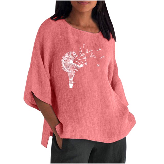 Moda mujer Casual manga tres cuartos cuello redondo algodón Lino impreso sólido Tops blusa Pompotops hfajkhk136600