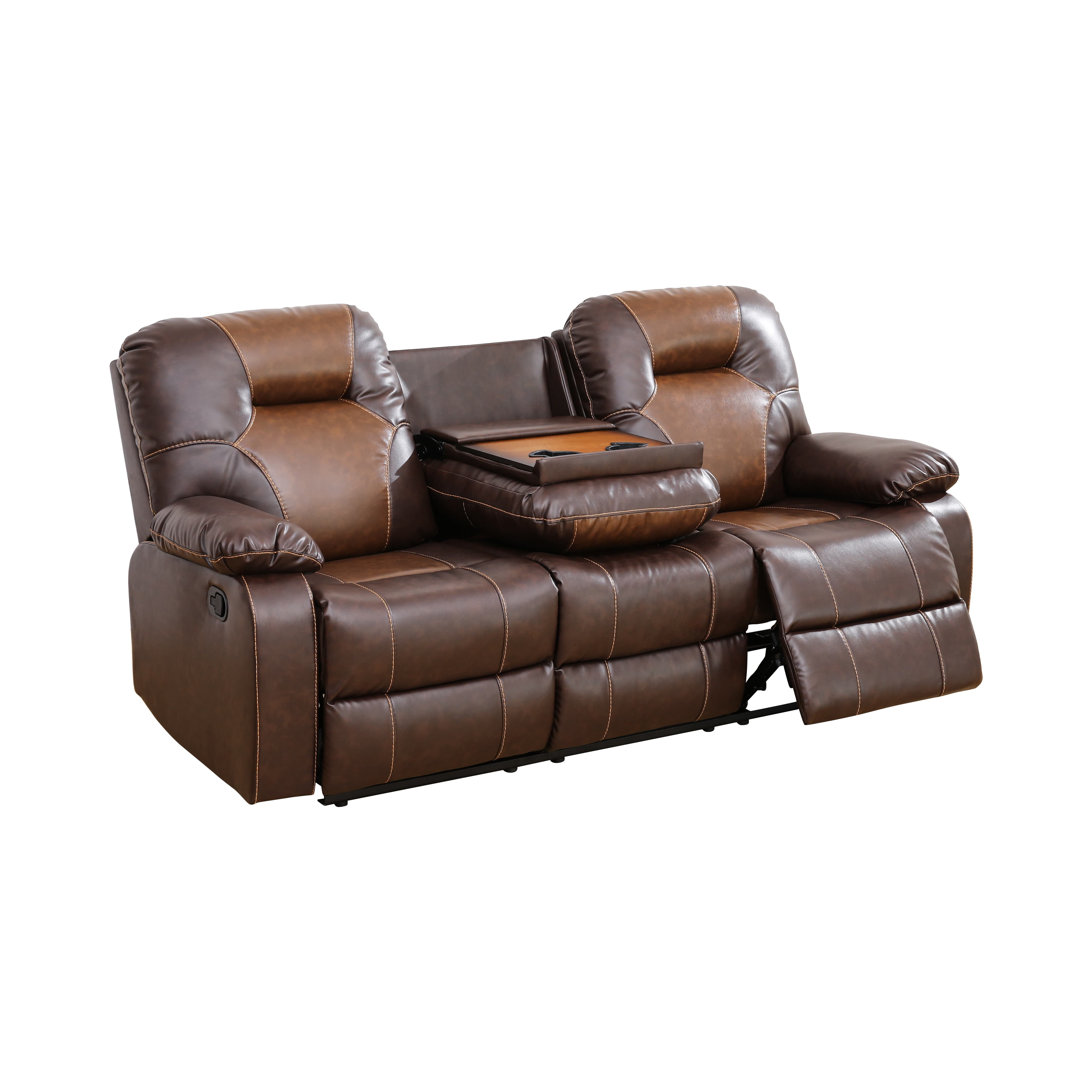 MAYEERTY Reclining Sofa, 3-Seat Breathable Leather Recliner with Reversible Coffee Table for Living Room, Brown