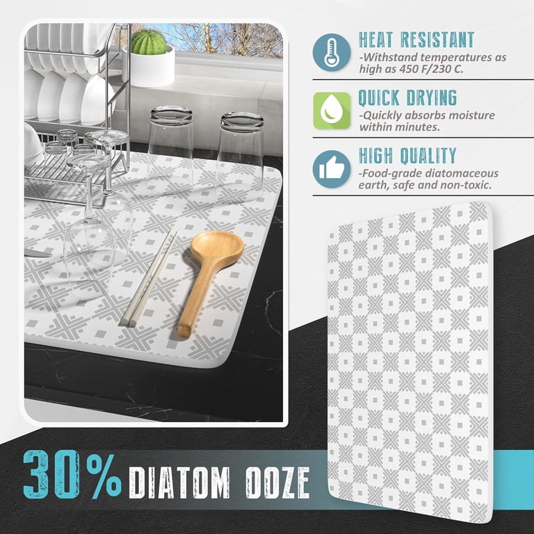 Stone Dish Drying Mat – Diatomaceous Earth Kitchen Mat 23.5x15.25 Inch, Quick-Dry Absorbent Counter Mat, Dark Gray