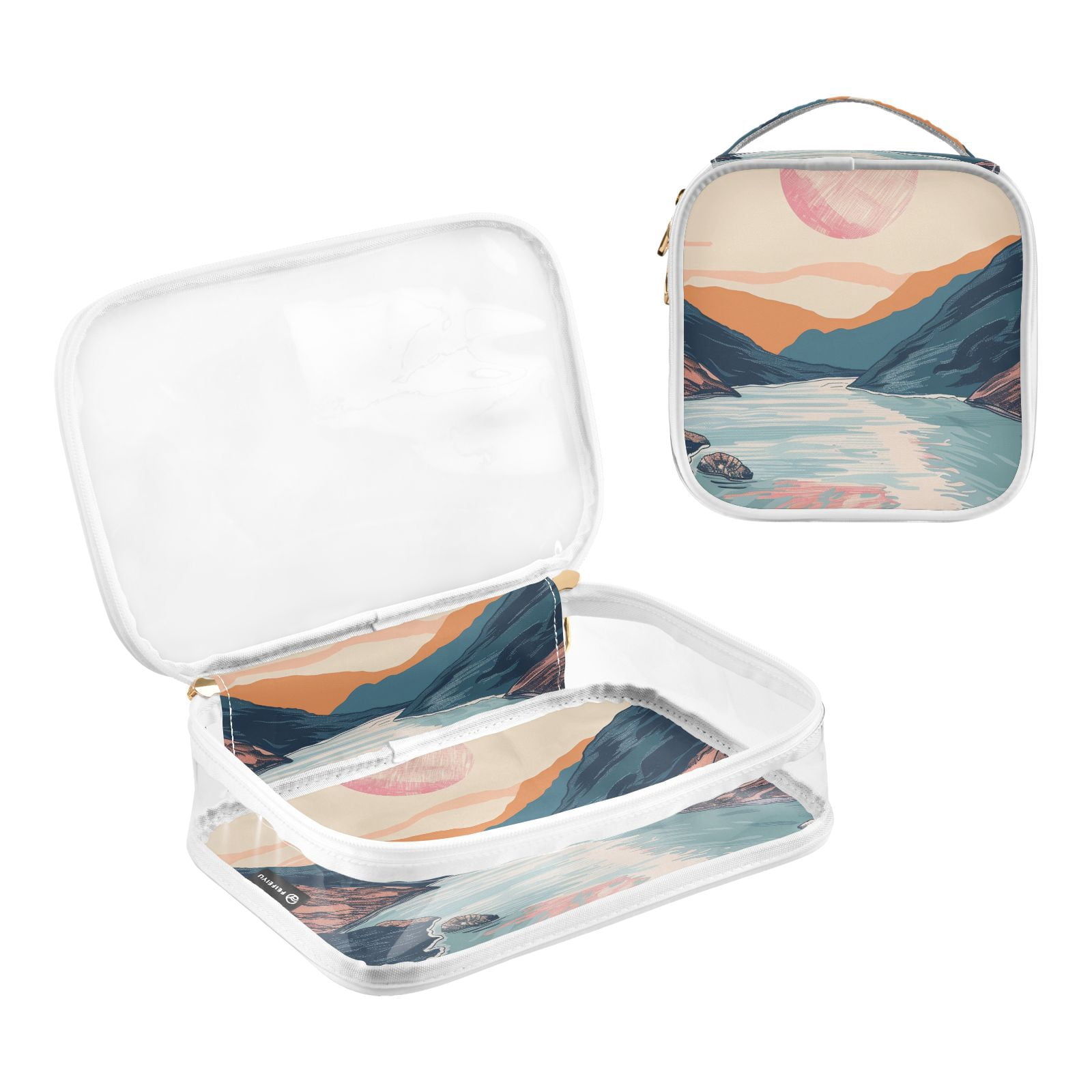 Clear Makeup Bags with Handle Large Opening 2 Pack Set Toiletry Bag Quart Size Bag, for Women Man Traveling Travel Essentials, Toiletries and Other. Hand Drawing River