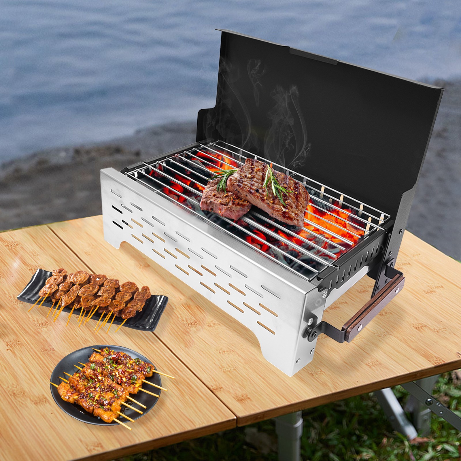 ToppiJoy Portable Charcoal Grill Stainless Steel, Countertop Folding Camping Grill Outdoor BBQ Grill for Outdoor Cooking Camping Garden