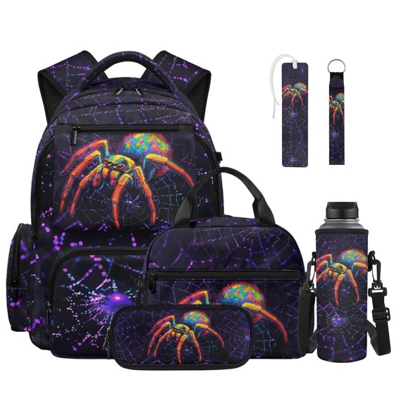 ZUXONGSY 6 in 1 Spider Spider Web Print Backpack Set for Boys Girls, Large Capacity School Backpack with Lunch Bag Pencil Case Water Bottle Holder Keychain Bookmark for Elementary Middle School