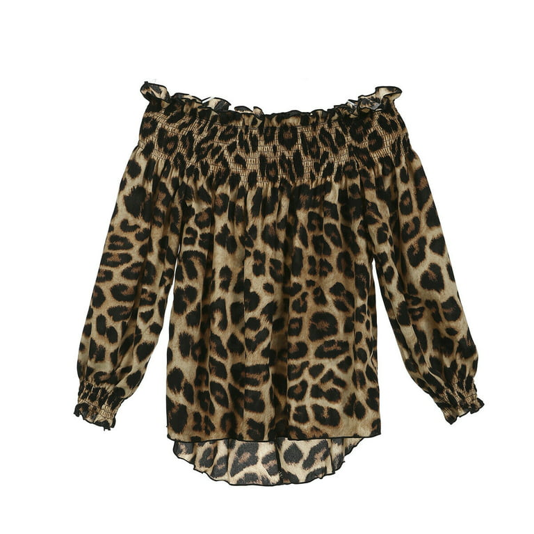 Women Lady Casual Shirt Off Shoulder Leopard Print Blouse Long