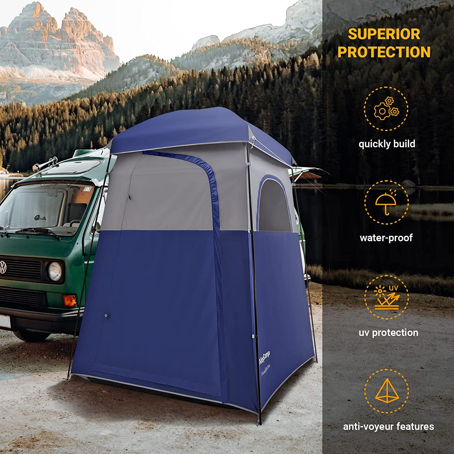 KingCamp Shower Tent for Camping Oversized 2 Rooms Extra Wide Outdoor Shower  Tent Privacy Tent for Portable Toilet/Bathroom/Dressing Changing Room with  Carry Bag, Blue - Walmart.com