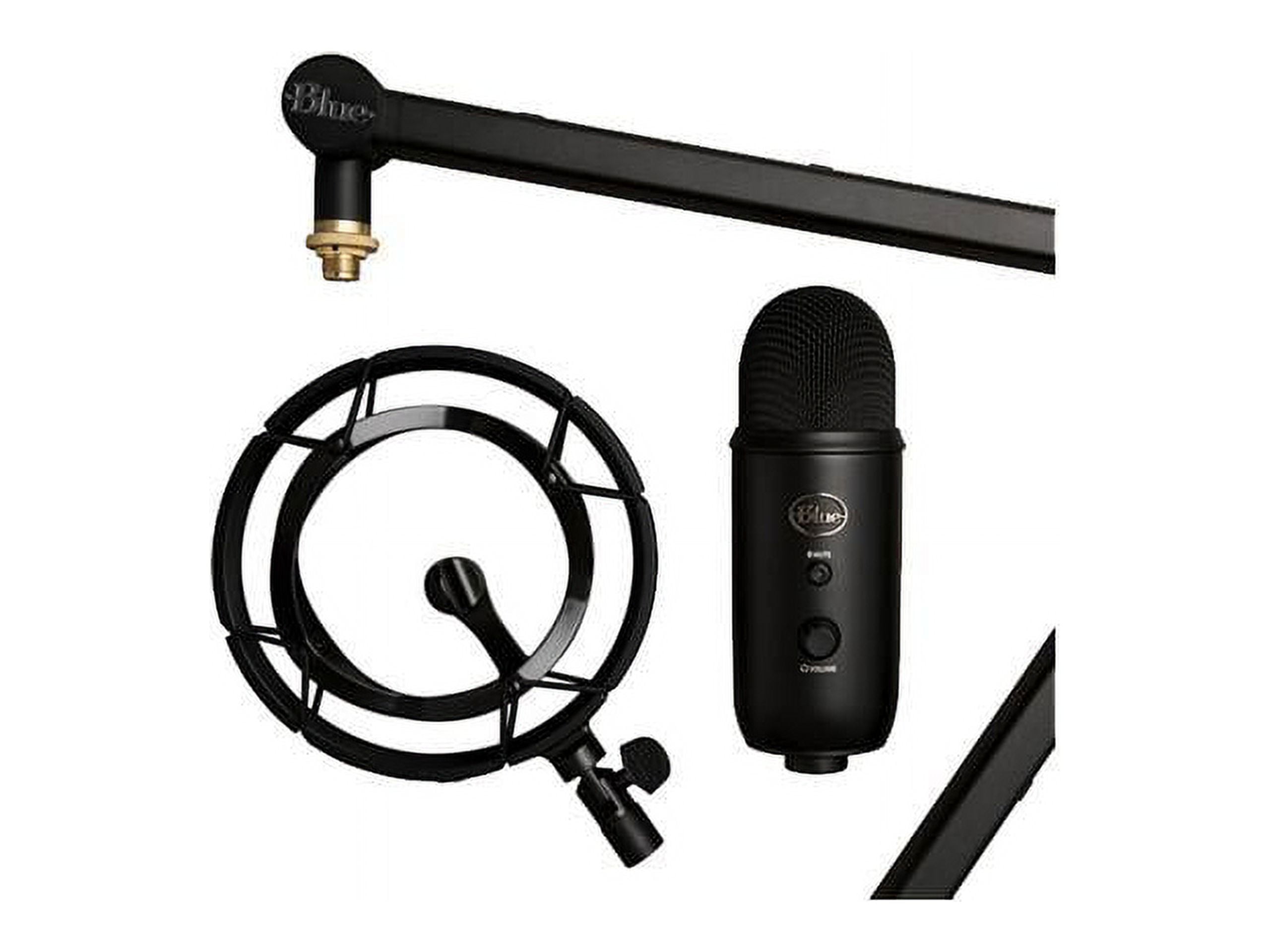 Blue Yeti USB Microphone (Blackout) + On-Stage MBS5000 Broadcast/Webcast  Boom Arm w/ XLR Cable + On Stage Pop Blocker 4” + Op/Tech Strapeez +