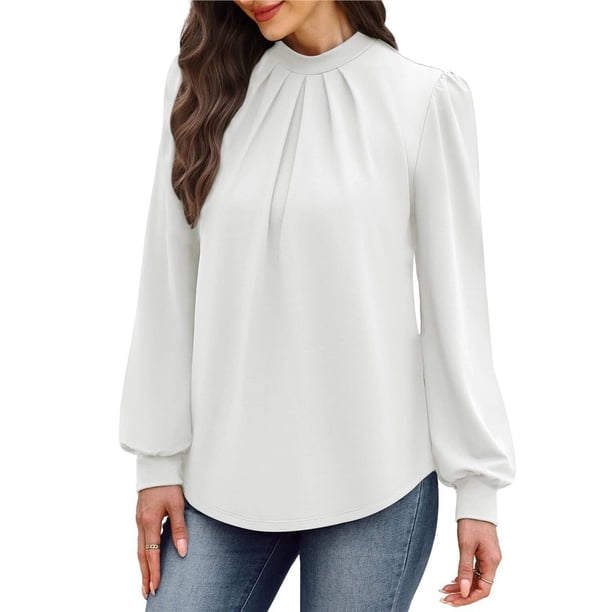 Camisas de Larga para Mujer, Blusas de Cuello Alto con Pliegues Delanteros, Ropa Informal Elegante para Otoño. L
