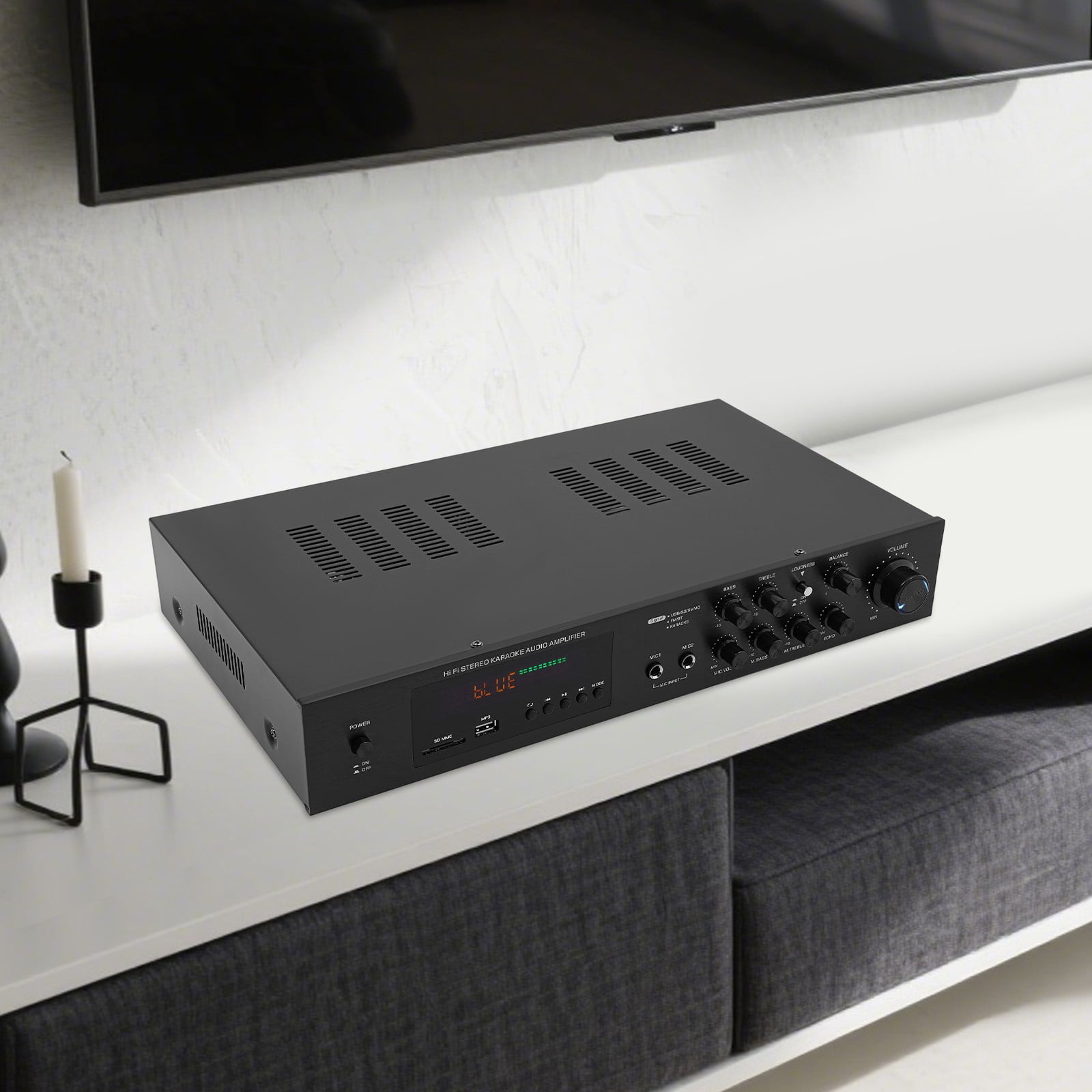 600W Stereo Receivers Home Audio Amplifier, Bluetooth Audio Amplifier with 5.1 Channel, SD/USB/RCA/AUX/5.0 Bluetooth/MP3, 2 Mic Inputs Commercial Power Amplifiers for Homes, Cafes, Business Meetings