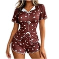 thumbnail image 3 of Liweisiy Women's Heart Print 2 Piece Pajama Sets Lapel Split Front Tops Elastic Waist Bow Shorts Graphic Trendy Sleepwear Brown L, 3 of 6