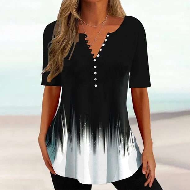 ICHUANYI Clearance Women's Fashion Printing Casual V-Neck Short Sleeve Loose T-shirt Tops(Black, XL) ICHUANYI WER2023080803318
