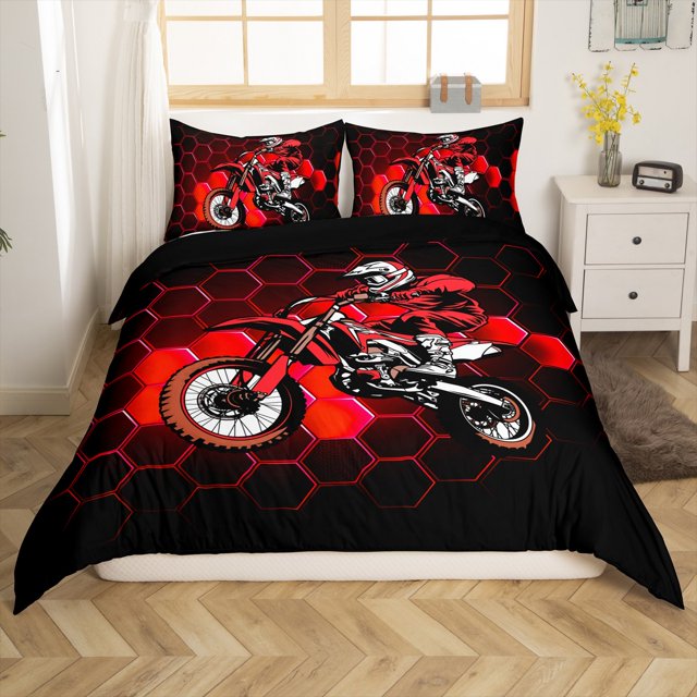 Erosebridal Housse de Couette Motocross Grand, Ensembles de Literie Motocross Taille Grand, Noir Rouge, Réversible 3 Pcs, (Sans Couette)