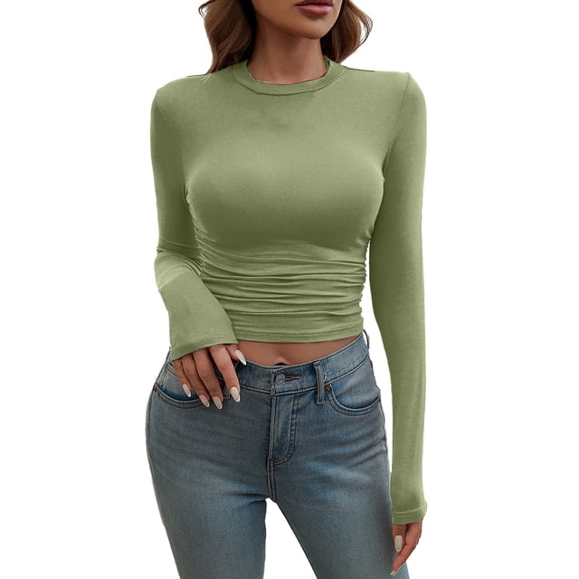 Hauts à Manches Longues pour Femmes, Fadeal Chemises à Manches Longues Col Rond Ajusté pour Sortir Hauts Basiques à Peine Là Manches Longues pour Femmes Vert G