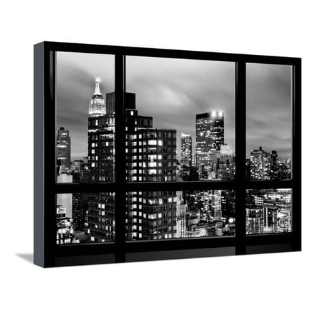 Nyc Hotel With Balcony Window View, Empire State Building and New Yorker Hotel Views by Night, Times Square, NYC Stretched Canvas Print Wall Art By Philippe Hugonnard ()