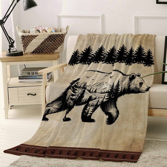 Fleece Blanket Bear Forest Mountains Animal Silhouette Blankets, Soft Cozy Warm Flannel Throw Blanket, Vintage Brown Gradient Blanket for Bed Couch Sofa,40x50In