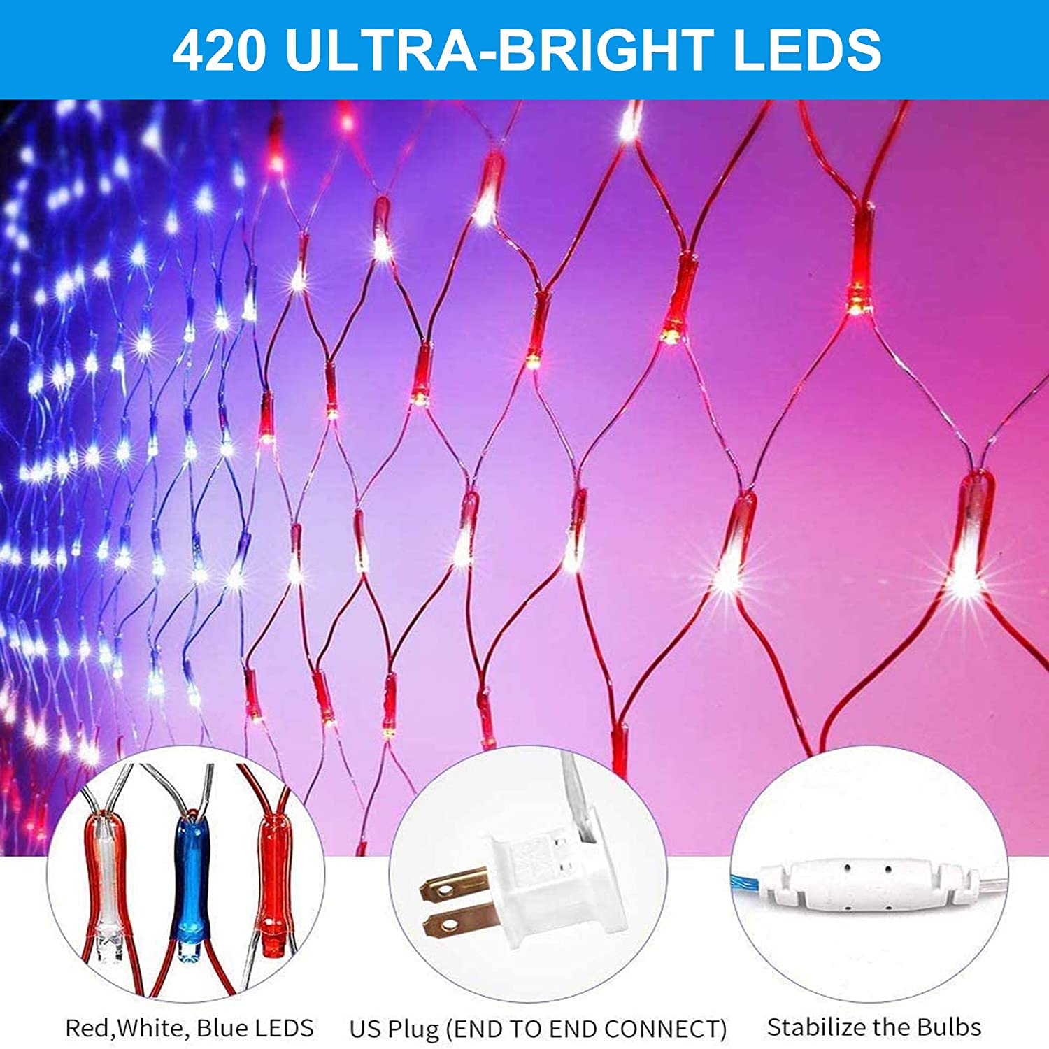 6.5ft3.3ft 420LED American Flag Net Lights String Light Waterproof for Christmas, Holiday, Independence Day, Memorial Day, Decoration, Garden, Yard, Indoor Outdoor - image 3 of 3