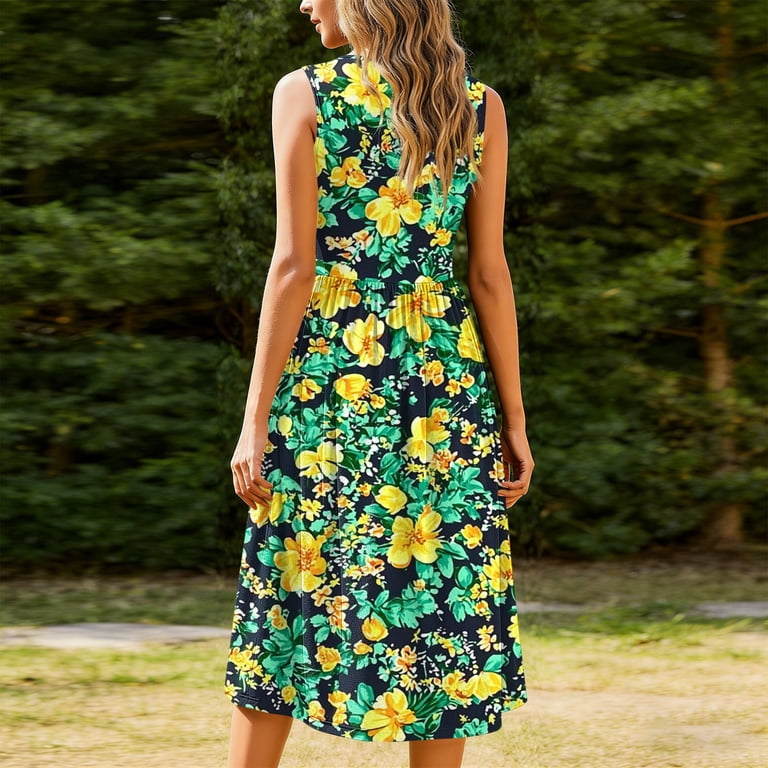 bohemian tank dress aohooy Floral Dresses for Women Summer Sleeveless Round Neck Boho Sundress Empire Waist Flowy Beach Vacation Midi 2026 Coffee,S group:K1051 Color:Olive Green & Floral Blanca Boat Neck Mermaid Livesso go essential