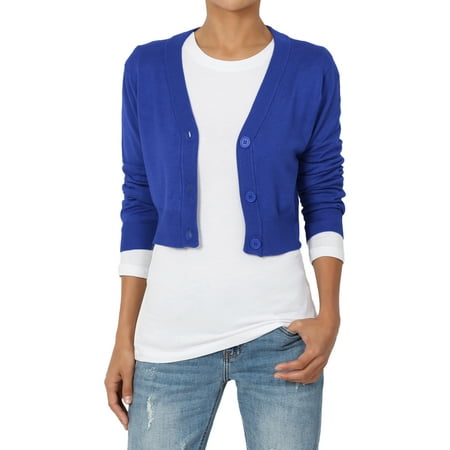 - TheMogan Women's S~3XL 3/4 Sleeve Button V-Neck Cropped Fine Knit Sweater Cardigan