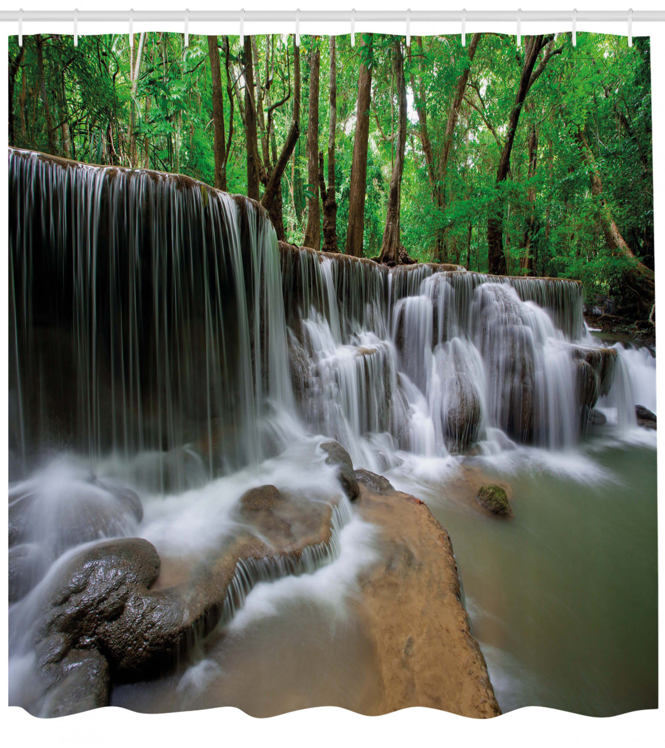 Tropical Jungle Mountain River Valley Scene Waterproof Fabric Shower Curtain Set