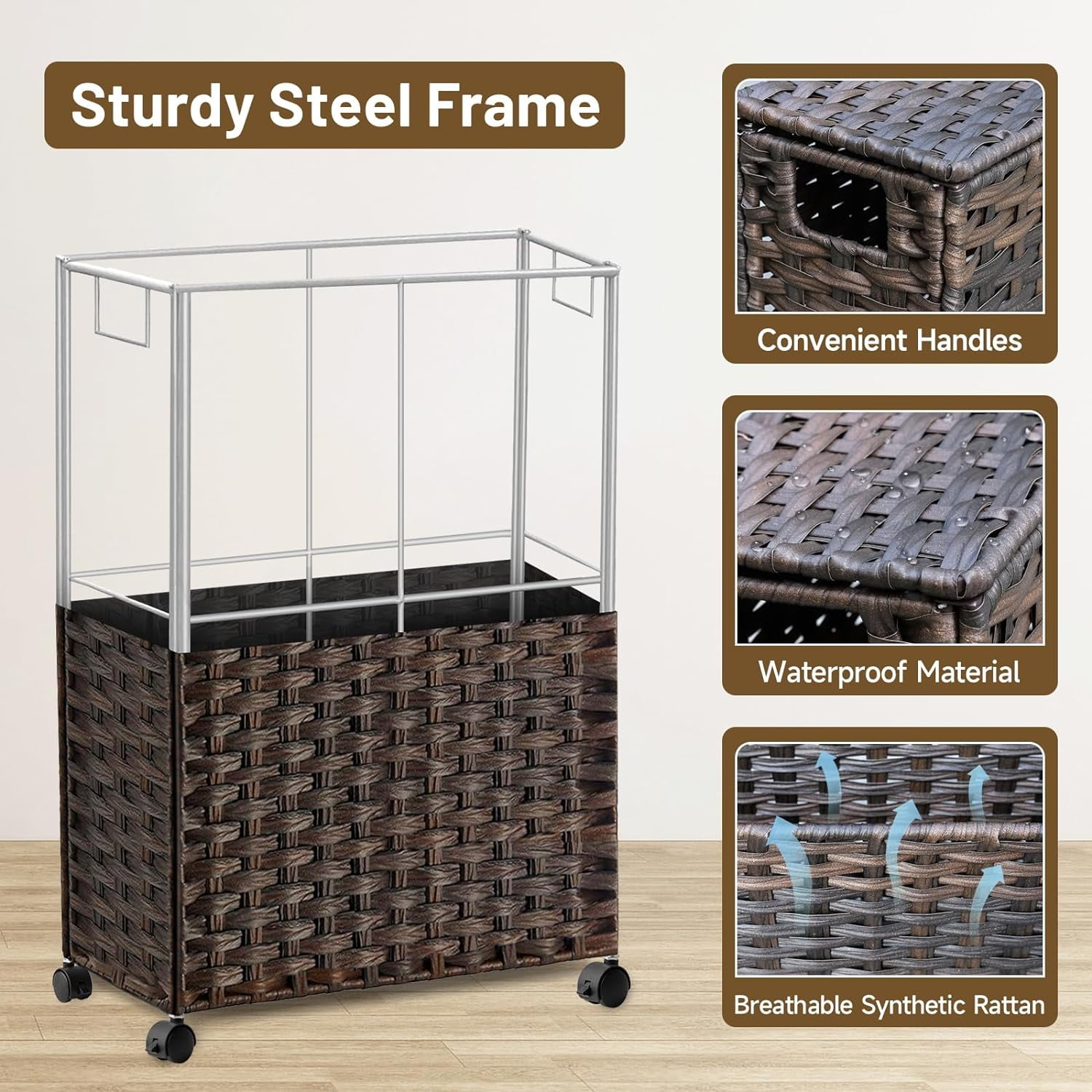 70L Slim Laundry Hamper with Lid & Wheels, Rolling Laundry Basket with 2 Removable Liner Bags & 3 Mesh Bags, Narrow Dirty Clothes Basket, Foldable Handwoven Rattan Laundry Sorter, Brown