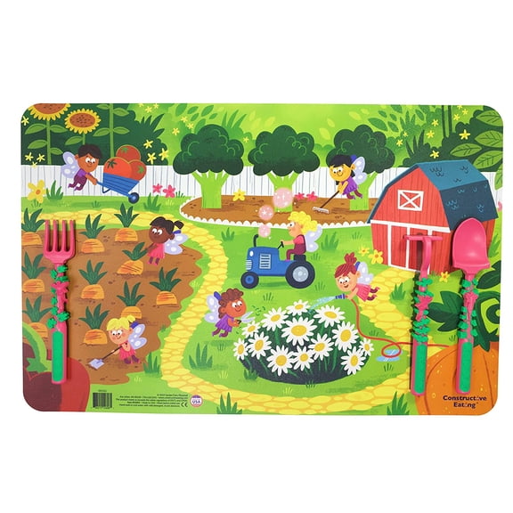 Constructive Eating Made in USA Garden Fairy Combo Set of 3 Utensils and Placemat for Toddlers, Infants, Babies and Kids - Made With Materials Tested for Safety