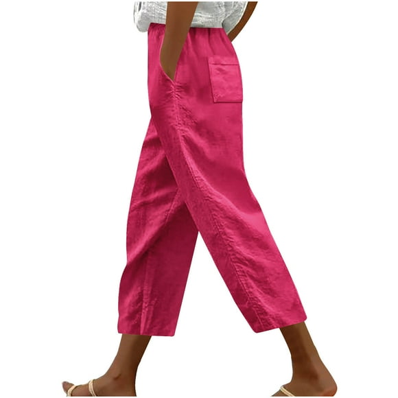 QATAINLAV Pantalon Capri pour Femmes Taille Haute à Cordon Capris de Sortie Été Ample Confortable Plage Pantalon Court avec Poches Rose Vif G Économies du Printemps