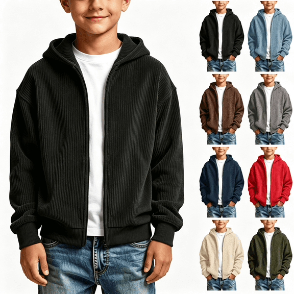 Nugftut Sweatshirts for Boys Corduroy Full-Zip Hooded Long Sleeve Sweatshirts Size 3-4 Black