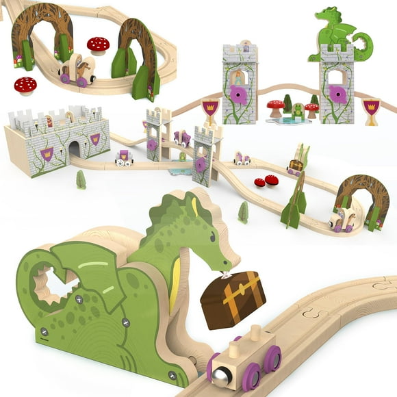 ORBRIUM 68 Pcs Fantasy Kingdom Adventure Wooden Train Set in Wooden Storage Box Unisex Children Toys Girls Boys 3 4 5 6 7 Years Compatible with Thoma