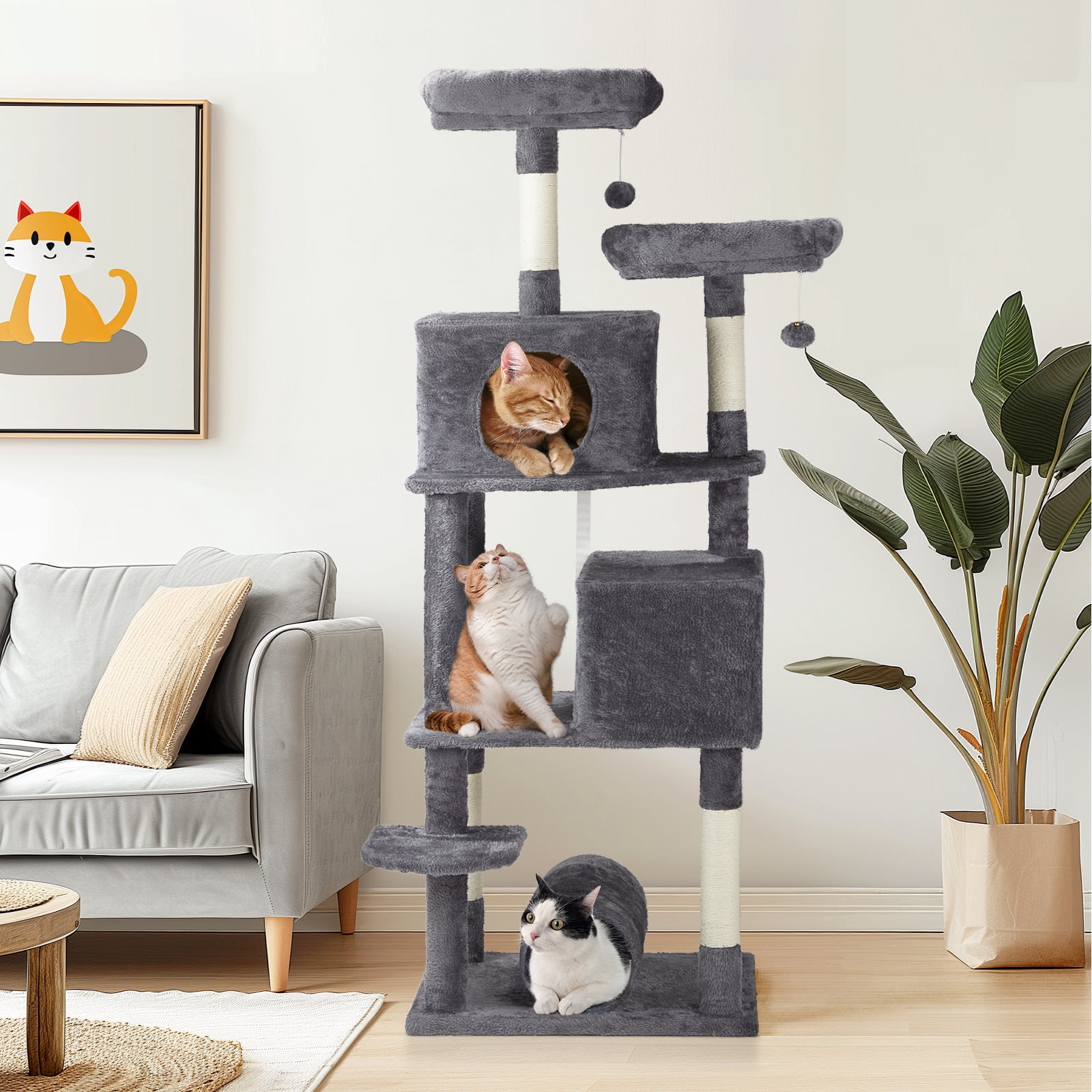 65 Inch Cat Tree Cats Tower for Indoor, Large Multi-Level Cat Play House Condo Furniture with Padded Platform Beds, Large Cozy Condos, Sisal Scratching Posts, Toy Balls and Cat Play Tunnel