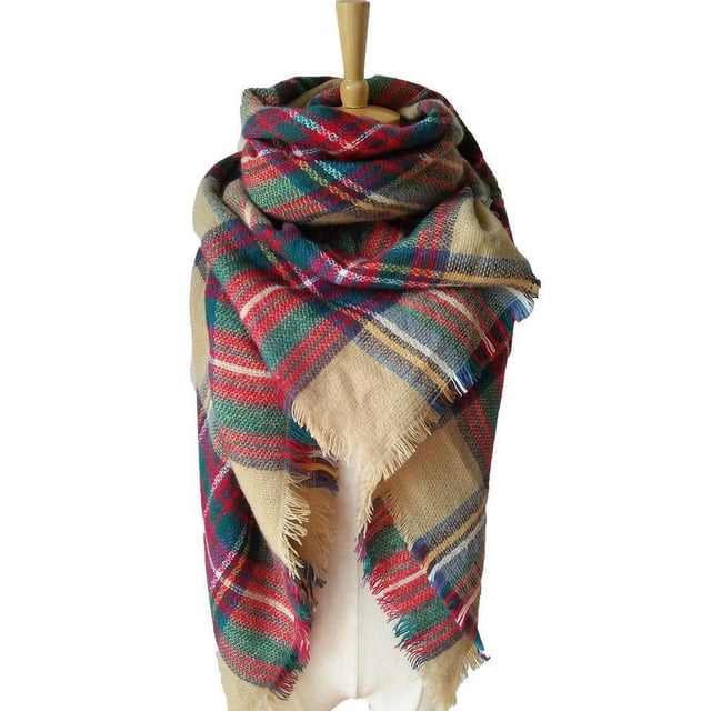 Bufanda de otoño e invierno para mujer, bufanda clásica a cuadros con borla, manta gruesa cálida y suave, chal envuelto