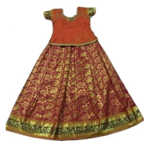 Krishna South Indian Lehenga Girls skirt Orange & Pink - 38" (SIDP14)