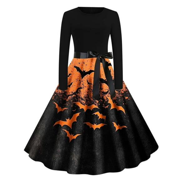Enjoytime Women Midi Dress Halloween Printed Crew Neck Long Sleeve A-Line Dresses Gothic Clothes Garden Party Dress
