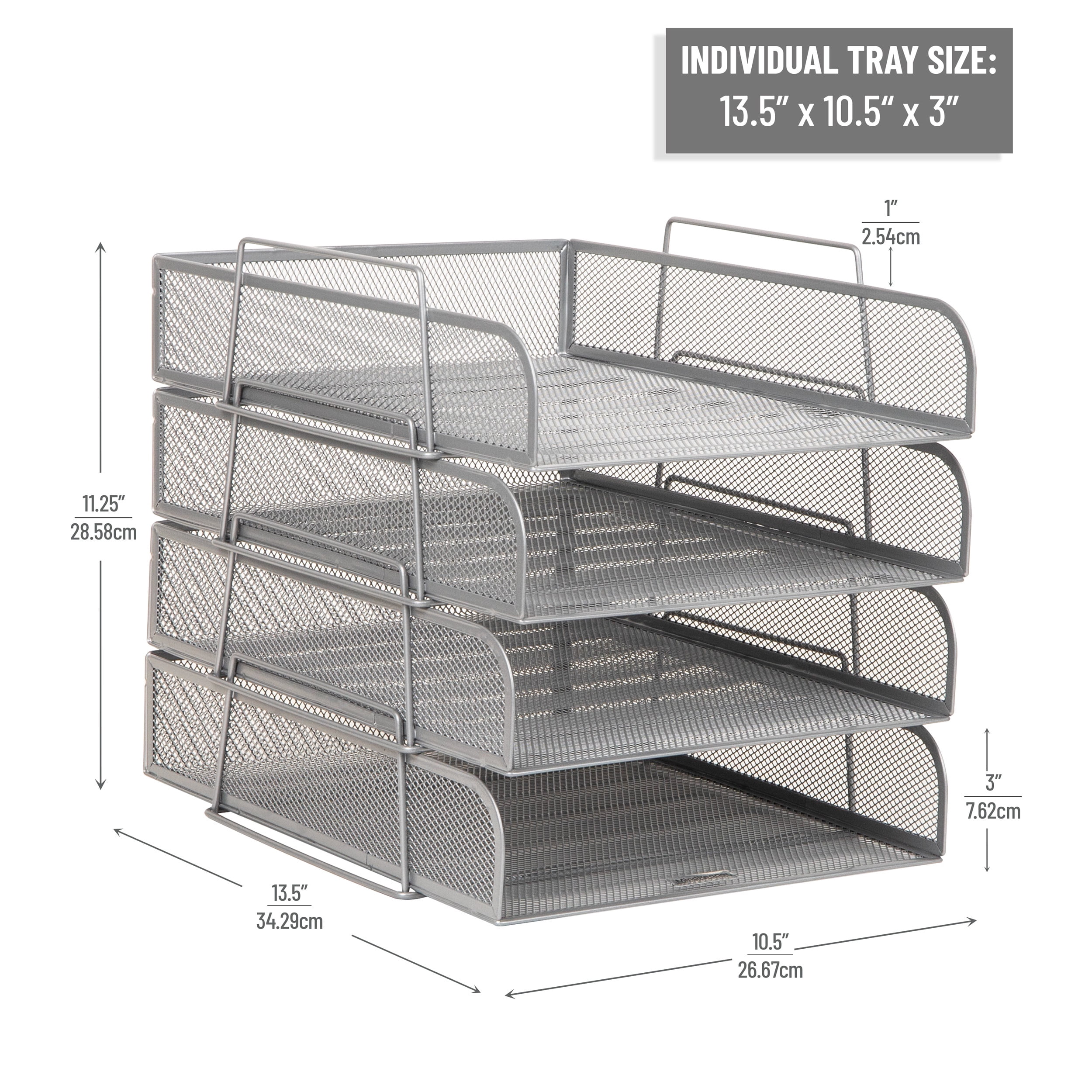 Mind Reader Stackable Paper Tray, Desktop Organizer, File Storage, Office, Metal Mesh, 10.5"L x 13.5"W x 11.25"H, 4 Pcs., Silver