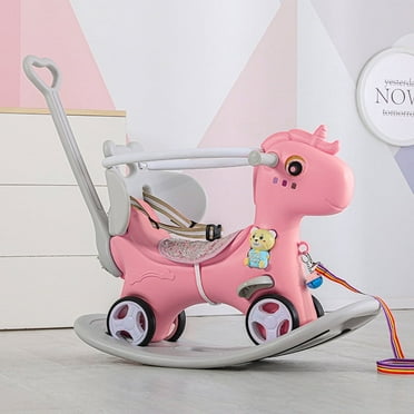 Montary Toddler Rocking Horse Balance Bike/ Baby Rocking Horse Toy w/ Push Handle, Backrest & Board - Ages 1-3 Years(Pink1)