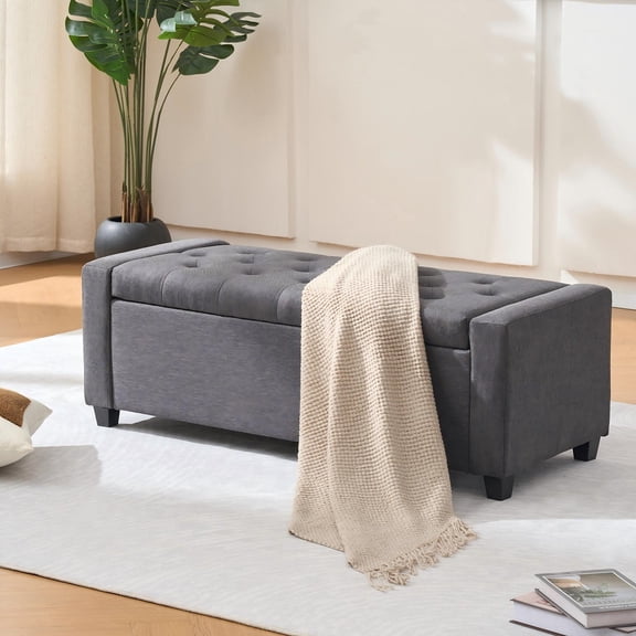 48" Storage Bedroom Bench for End of Bed, Faux Linen Upholstered Storage Ottoman with Arms Grey