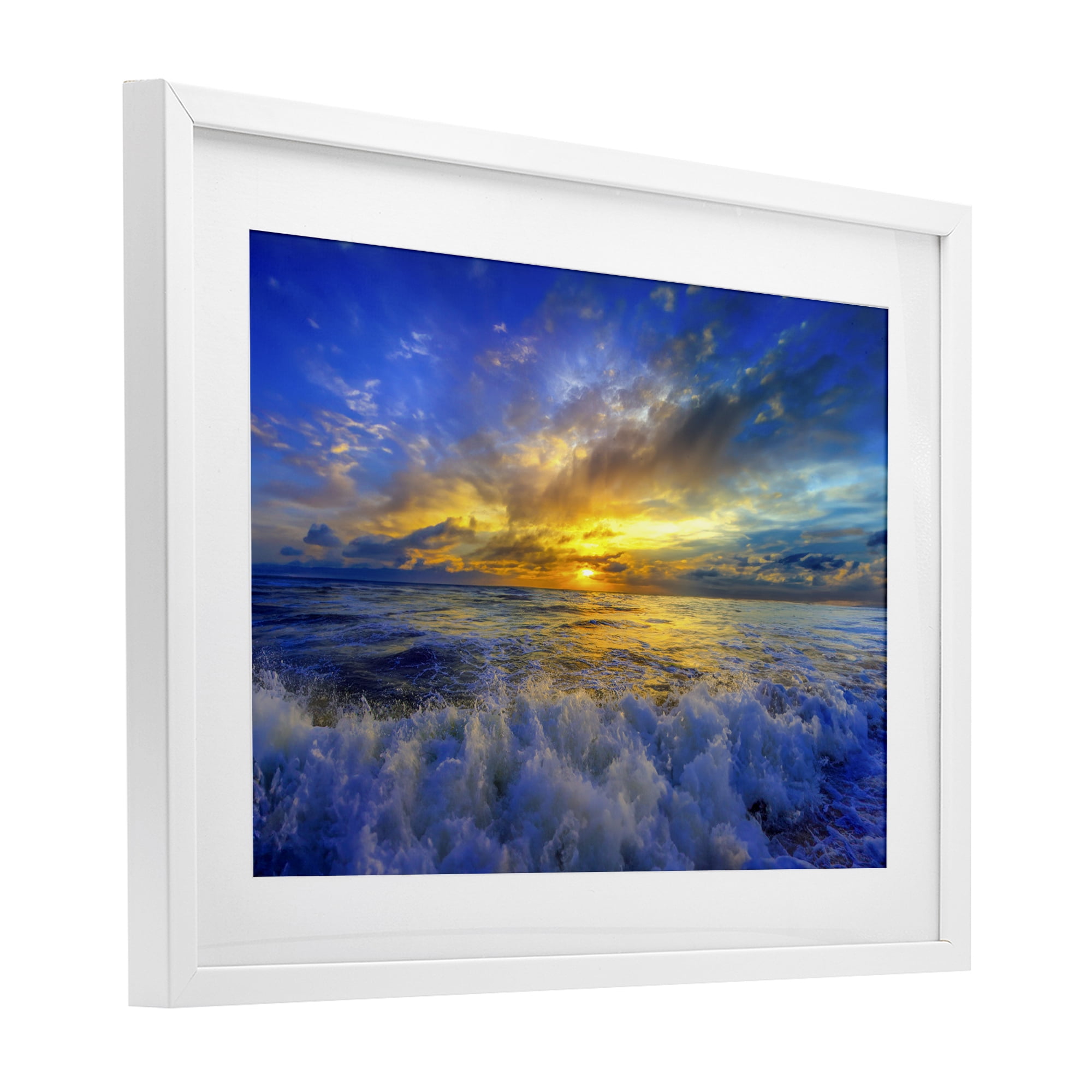 Stupell Industries Golden Blue Sunset over Waves White Framed Print Under Glass, design by Eszra Tanner
