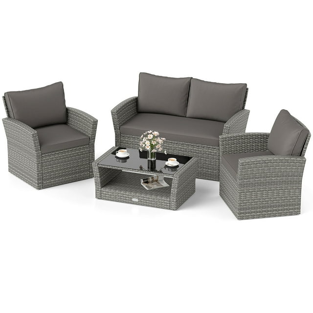 Gymax Ensemble de 4 Meubles de Patio avec 2 Chaises en Rotin Causeuse Table Basse Coussins