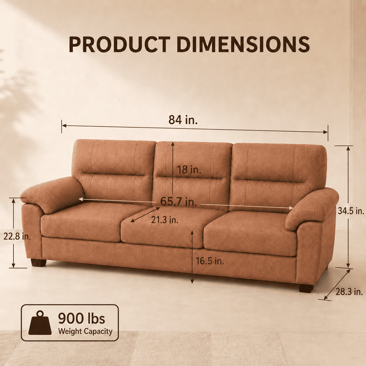 MOONMISS 84 Inch Mid-Century 3 Seater Sofa Tech Fabric Deep Plush Cushions Wide Armrests Pet Friendly Living Room,Brown