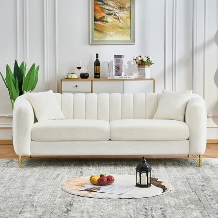 Sofa 83 Oversized 3 Seater Deep Couch in White Chenille Fabric Modern Tufted Living Room Sofa with Gold Metal Legs High Density Foam Cushioning and Wood Frame for Apartments