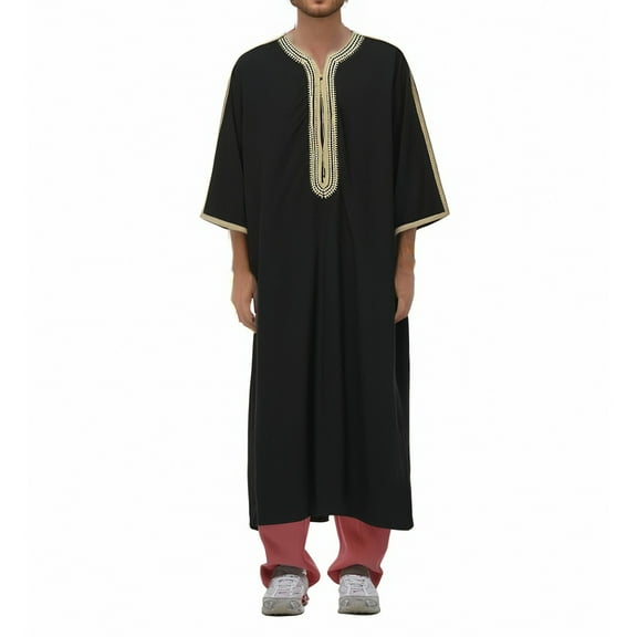 Dpytoraw Men's Arab Long Sleeve Embroidered Thobe Traditional Middle Robe For Muslim Wear Elegant Dress Long Robe With Pockets Men’s Linen Shirts