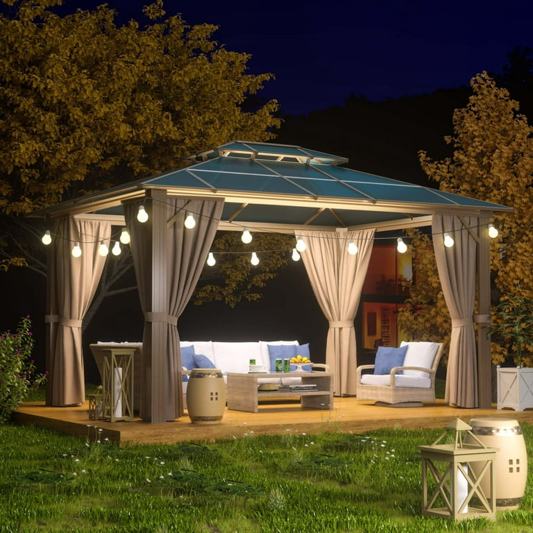  Aoxun 10'x13' Hardtop Gazebo, Outdoor Polycarbonate Double  Roof Gazebo with Aluminum Frame Permanent Pavilion and Curtains & Netting  for Backyard, Patio, Deck, Parties (Brown) : Patio, Lawn & Garden