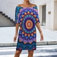 thumbnail image 2 of Purple Blue Mandala Pattern Women's Off The Shoulder Ruffles Summer Wedding Guest Loose Casual Party Beach Dress, 2 of 9