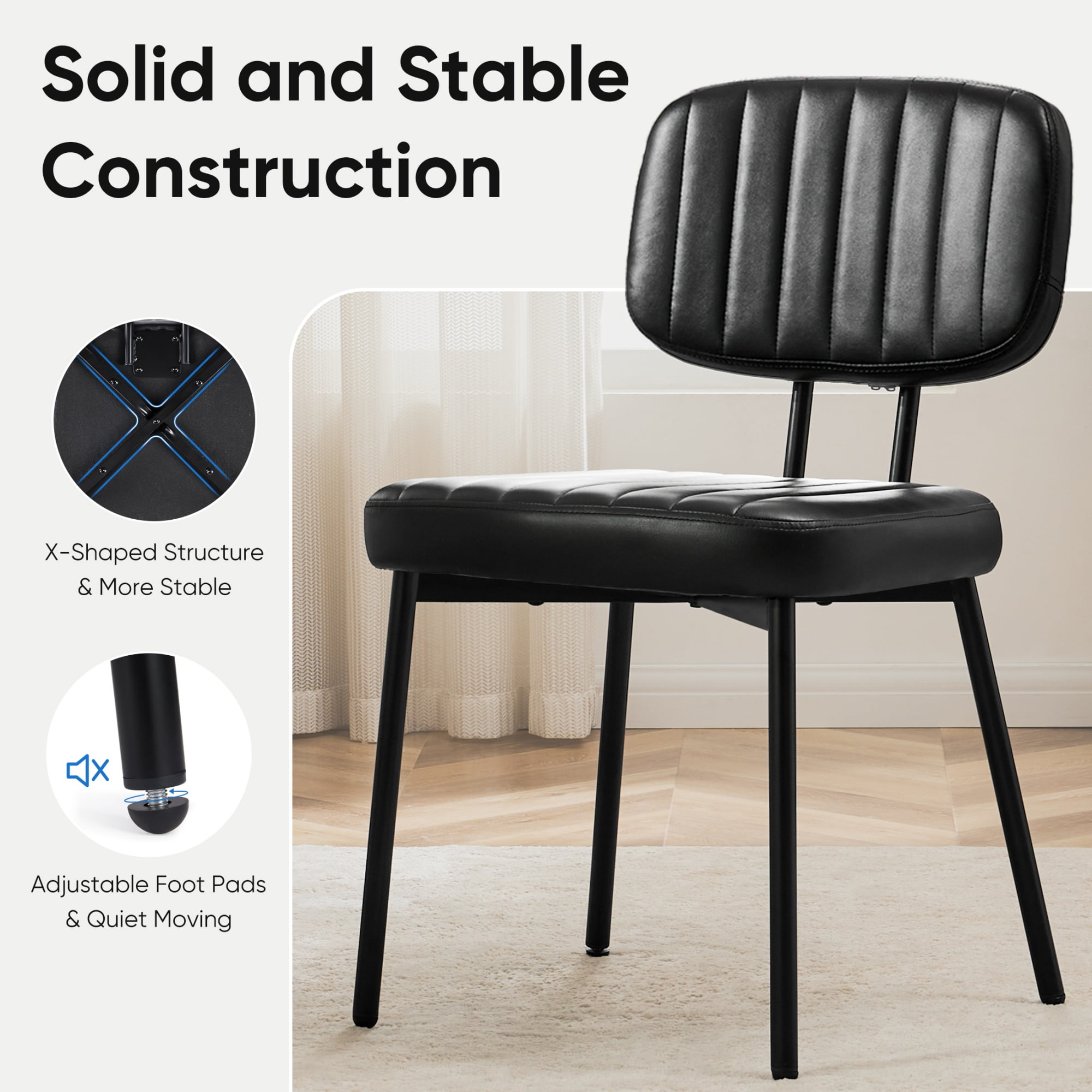 edx Dining Chairs Set of 2, Mid Century Modern Kitchen Chairs with Faux Leather for Kitchen, Living Room, Black