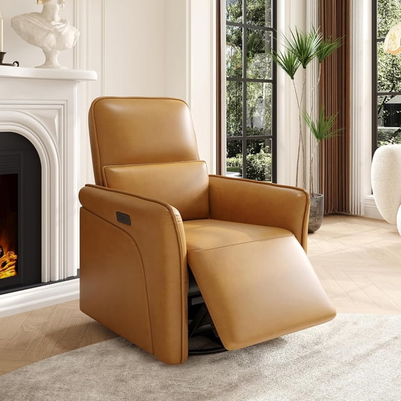 Swivel Nursery Recliner Chair for Adults, Rocking PU Leather Glider Recliner with Lumbar Support & USB Charging Port, Easy to Assemble for Small Spaces, Apartments, Brown