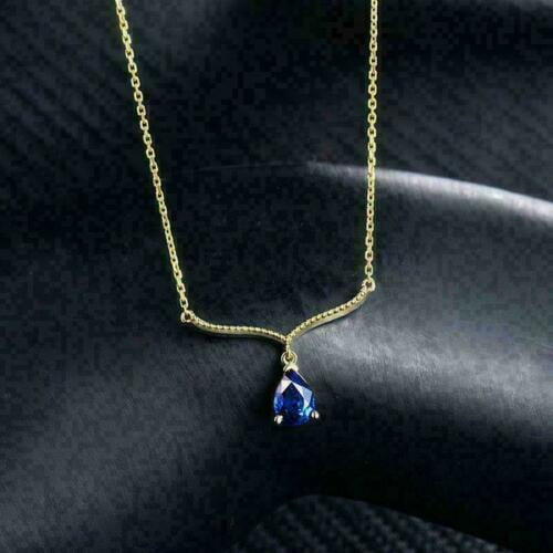 2.50 Ct Pear Cut Lab Created Blue Sapphire Women's Solitaire Pendant Necklace 14K Yellow Gold Plated For Her 18"