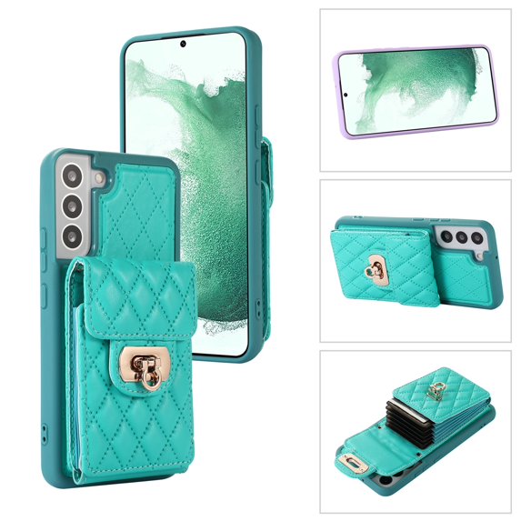 SaniMore for Samsung Galaxy S21 FE PU Leather Case, Multi-Functional Metal Snap Wallet Cover with Card Slot & Kickstand Shoulder Strap Full Body Protective Shell for Samsung S21 FE, Green