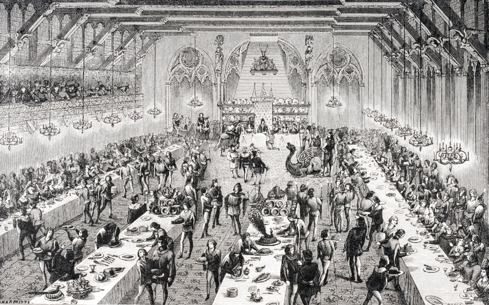 Grand Ceremonial Banquet At The French Court In 14Th Century 19Th Century Engraving Based On Miniatures And Narratives Of The Period From Dictionnaire Du Mobilier Francais By M Viollet-Leduc Canvas Ar