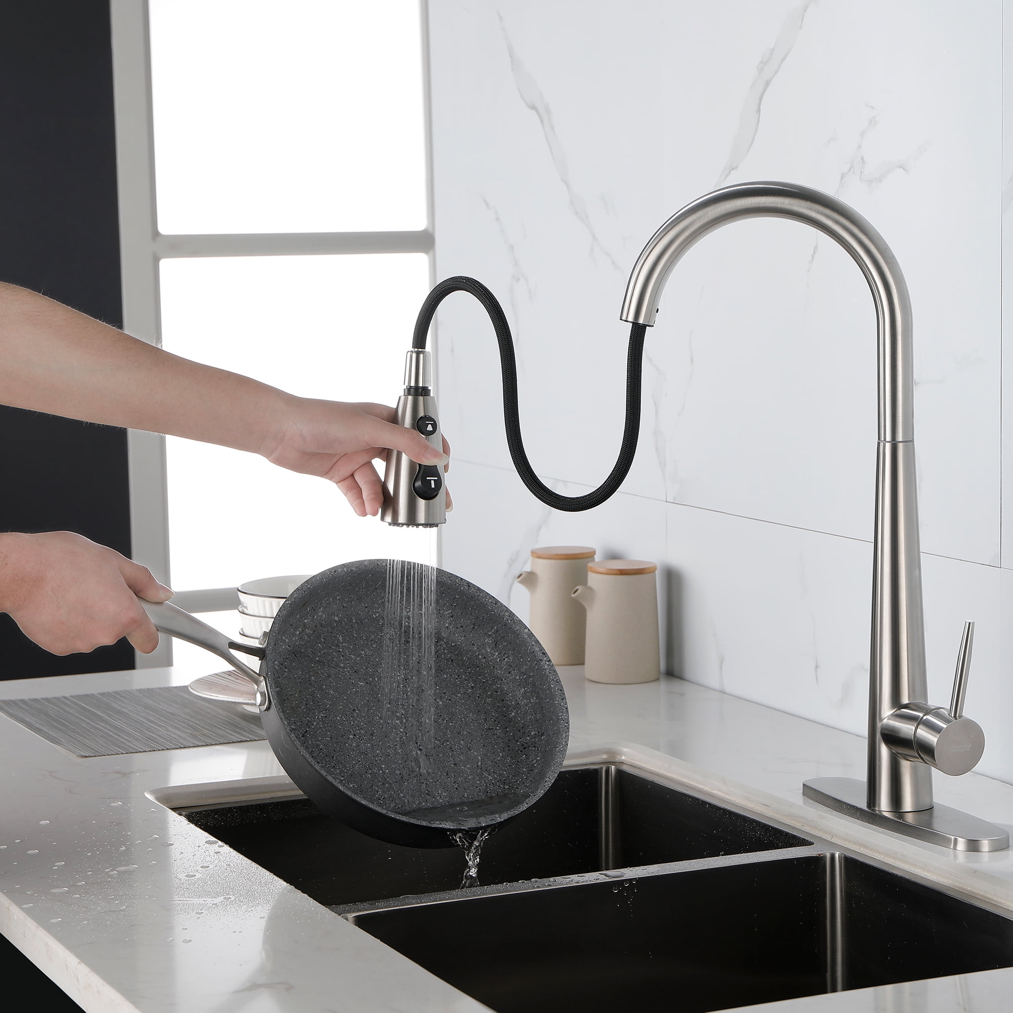Kitchen Faucet with Pull Down Sprayer Brushed Nickel, High Arc Single Handle Kitchen Sink Faucet with Deck Plate, Commercial Modern Stainless Steel Kitchen Faucets