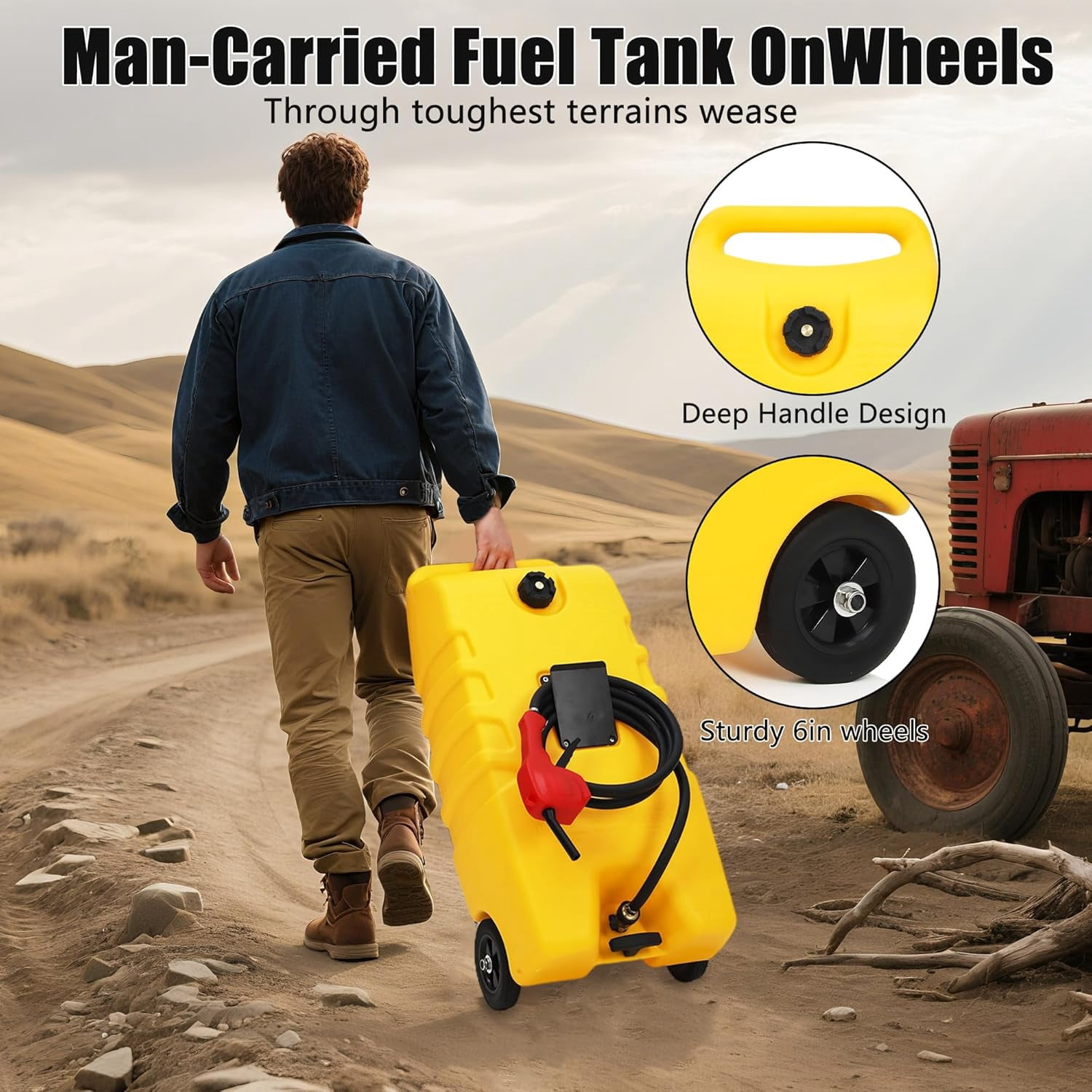 14 Gallon Portable Fuel Tank with Wheels, Red Gas Caddy with Manual Siphon Pump & 10FT Hose, T-Handle for Easy Carry, Included for Cars, ATVs, Boats, Generators - Yellow