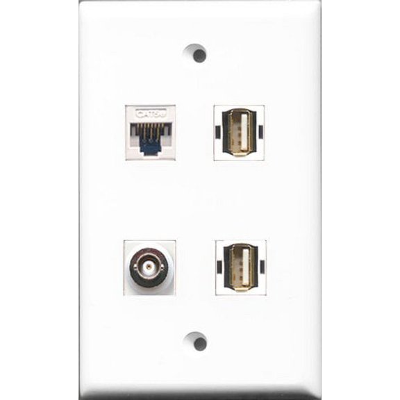 RiteAV - 2 Port USB A-A and 1 Port BNC and 1 Port Cat5e Ethernet White Wall Plate