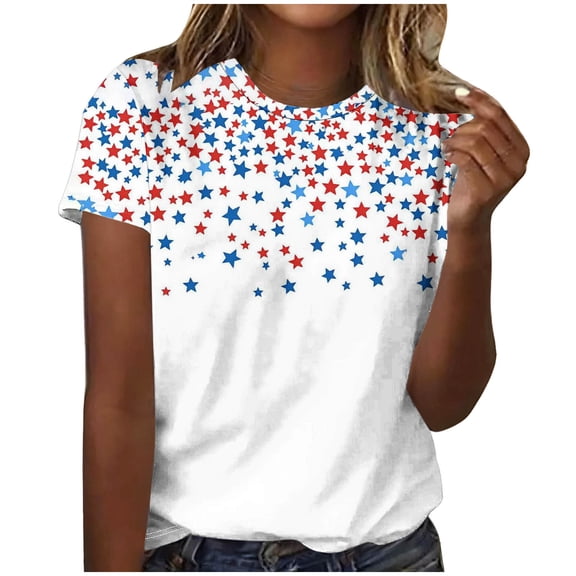 TEAJOPSUU American Flag T Shirt Women USA Star Stripes Fourth July Tee Shirts Casual America Flag Print Crew Neck Tee Tops A-White